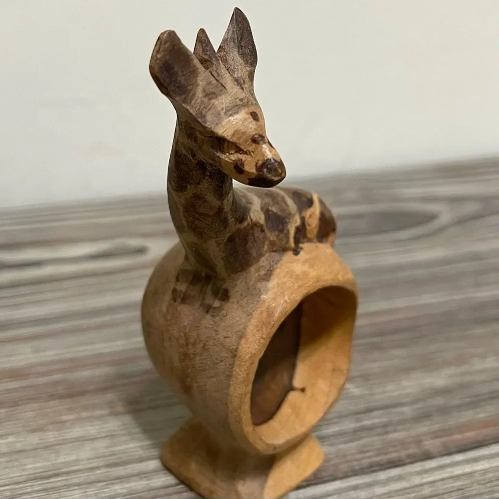 Wood Hand Carved Safari Animal Napkin Rings Monkey Giraffe Rustic Cabin Set of 4
